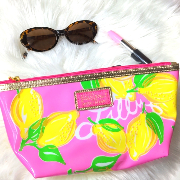 LILLY PULITZER ESTEE LAUDER Pink Lemon Zipper Makeup Travel Bag Case
